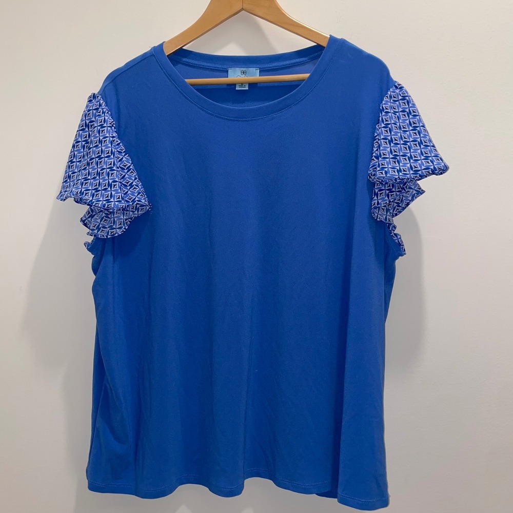 CeCe Blue Flutter Sleeve Knit Top Geometric Print Ruffle Short Sleeve 3X